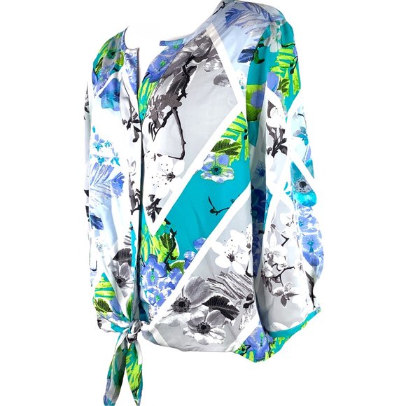 Adrienne Vittadini L Top Blouse Peasant Boho Floral Blue Button Tie Front - Picture 9 of 13